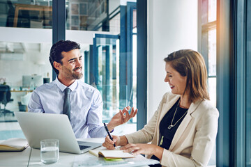 Consulting, businessman and woman with laptop, notes and advice for planning with financial advisor in office. Strategy, development and business people in meeting for proposal, ideas and discussion