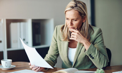 Poster - Documents, finance and problem solving with business woman in office for accounting, review or tax. Paper, planning and thinking with accountant in workplace for investment or savings decision