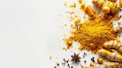 Wall Mural - Turmeric powder spices and dried root on a blank white background for adding text