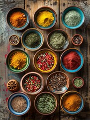 Fototapete - A top-down view of various colorful spices in beautiful ceramic bowls arranged on a rustic wooden surface. Generative AI