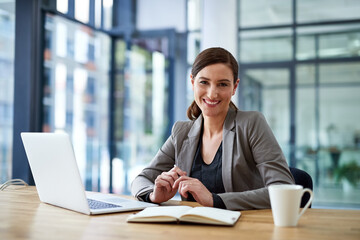 Wall Mural - Laptop, happy and portrait of business woman in office for career or corporate job in Spain. Face, secretary and smile of confident professional entrepreneur, employee and receptionist with book