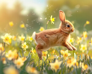 A rabbit is running through a field of yellow flowers