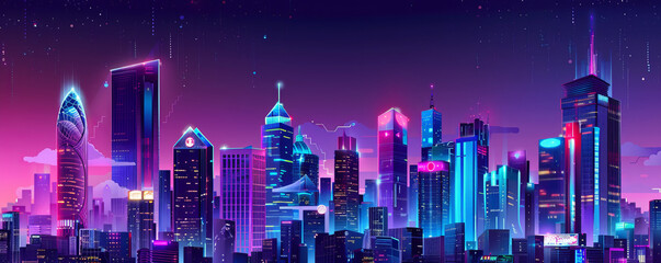 A city skyline with neon lights and a purple sky