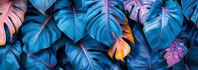 Wall Mural - Neon vivid summer jungle leaves banner wallpaper background
