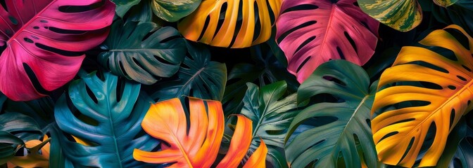 Wall Mural - Neon vivid summer jungle leaves banner wallpaper background
