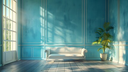 Wall Mural - the tranquility of an empty living room adorned with blue-toned walls, where soft natural light cascades through the windows, creating a serene and inviting ambiance. Realistic HD