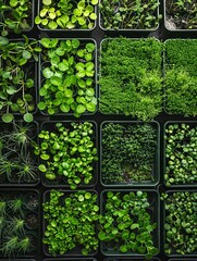 Poster - A top-down view of a microgreen farm with several trays filled with various types of microgreens. Generative AI