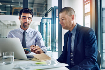 Aufkleber - Business, consulting and men at laptop together for research, teamwork and planning with financial advisor. Strategy, advice and people in b2b meeting for proposal, online review and ideas in office