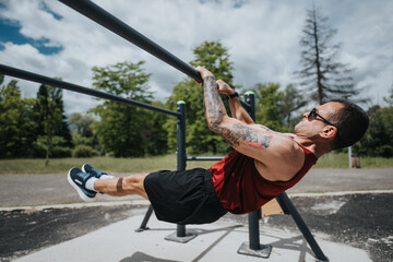 Sticker - Fit man performs pull-ups on horizontal bar in a sunny urban park, showcasing strength and dedication to fitness.