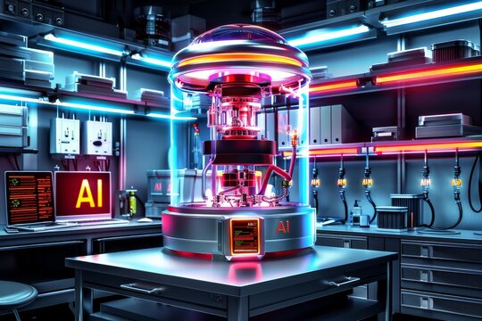 high tech ai lab with neon lights, showcasing advanced technology and digital innovation in a futuri