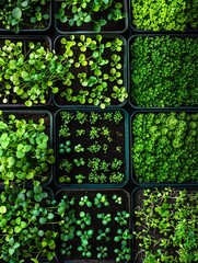 Poster - A close-up view of a microgreen farm showing rows of trays filled with various types of microgreens in different stages of growth. Generative AI