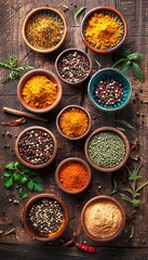 Aufkleber - A top-down view of various colorful spices in beautiful ceramic bowls arranged on a rustic wooden surface. Generative AI