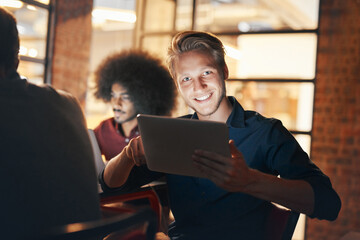 Poster - Project, tablet and employee in night, face and reading for deadline in office, online and finance. Boardroom, dark and man working late, auditor and collaboration for research, budget or company