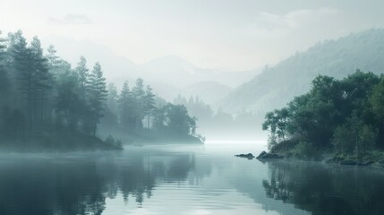 View of misty river or lake waters in the cool morning in the middle of a pine forest.
