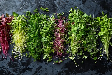 Poster - A variety of bright, colorful microgreens are spread out on a sleek black surface. Generative AI