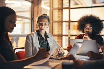 Aufkleber - Night, teamwork and writing of research, office and online for deadline, accountant and brainstorming. Boardroom, dark and people in corporate, together and auditor of finance of budget in company