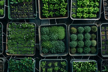 Poster - A top-down view of a microgreen farm with trays filled with a variety of microgreens. The green plants are organized in rows, creating a vibrant pattern. Generative AI