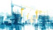 © Lexyat - A modern digital illustration of construction site with cranes and workers, hightech building design in the background