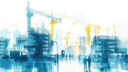 A modern digital illustration of construction site with cranes and workers, hightech building design in the background
