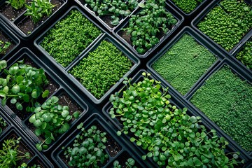 A close-up, top-down view of a microgreen farm with trays filled with various types of microgreens. Generative AI