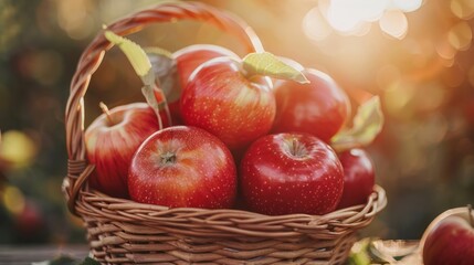Wall Mural - Sunset Harvest: Red Apples in Aged Basket