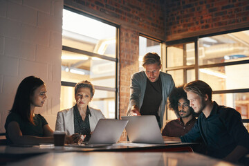 Poster - Business meeting, teamwork and people with laptop at night for research and planning news blog for feedback. Press, journalist and tech in writers room for article deadline, advice and communication