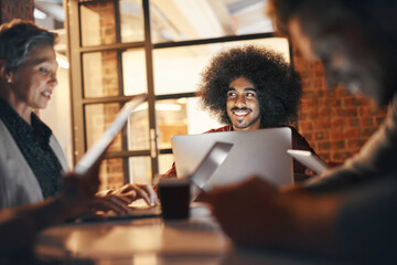 Poster - Night, teamwork and deadline for project, happy and brainstorming for research, web designer and person. Boardroom, dark and group with laptop, together and smile for design of company in office