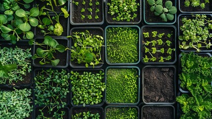 Poster - An overhead view of a microgreen farm showcasing rows of trays filled with various types of sprouting greens. Generative AI