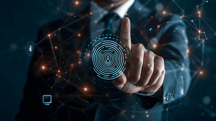 Wall Mural - Businessman using fingerprint indentification to access personal financial data. Idea for E-kyc (electronic know your customer), biometrics security, innovation technology against digital cyber crime-