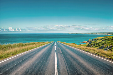 Canvas Print - Scenic Coastal Road Leading to the Horizon with Clear Blue Sky and Sea