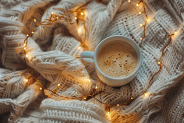 Coffee cup with Christmas lights, knitted blanket or sweater background. Cozy fall composition. Hot drink concept. Flat lay, top view, copy space