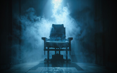 Old electric chair in a dark room is illuminated by a spotlight