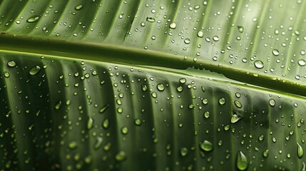 Canvas Print - Close up view of a green banana leaf covered in water droplets