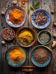 Fototapete - A top-down view of colorful spices in beautiful ceramic bowls on a rustic wooden surface. Generative AI