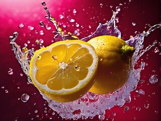 Wall Mural - Slices of fresh juicy lemons in water splashes on magenta background with copy space. Citrus fruits cut in water drops. Summer freshness, poster design. Flat lay, top 