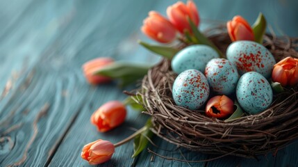 Wall Mural - Easter Eggs with Tulips and Painted Decoration on Wooden Plank