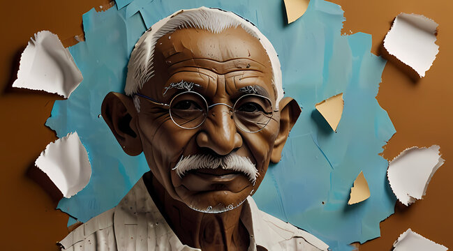 Collage of torn paper with a Mahatma Gandhi theme