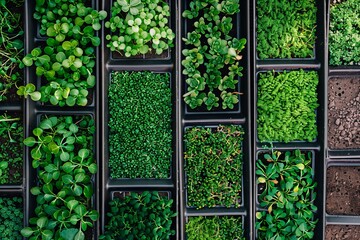 Poster - A top-down view of a microgreen farm featuring rows of black trays filled with various types of microgreens. Generative AI