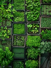 Poster - An aerial shot of an indoor microgreen farm with numerous trays filled with a variety of leafy greens. Generative AI