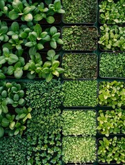 Poster - A top-down view of a microgreen farm, showcasing rows of trays filled with various types of microgreens. Generative AI