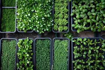 Poster - A top-down view of a microgreen farm, showcasing a variety of trays filled with vibrant, freshly growing microgreens. Generative AI
