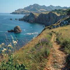 Wall Mural - Serene coastal landscape featuring winding pathways, rugged cliffs, and distant mountain ranges under clear blue skies in a picturesque setting