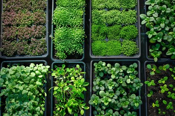 Poster - A top-down view of trays filled with various types of microgreens, showcasing the diversity of these popular ingredients. Generative AI