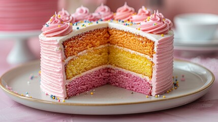 A beautifully decorated layered cake with vibrant colors and pink frosting, sliced to reveal multiple layers, adorned with sprinkles and served on a plate