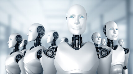Poster - MLP 3d illustration 3D illustration of robot humanoid group in concept of future artificial intelligence and 4th fourth industrial revolution.