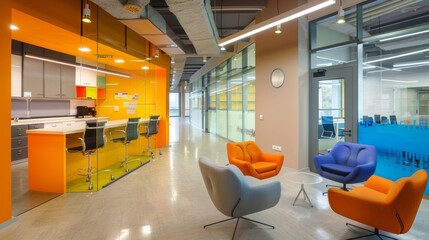 Wall Mural - Modern coworking space with glass walls, colorful chairs, and a bright, open kitchen area designed for collaboration and creativity in a contemporary office setting