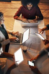 Aufkleber - night, group and deadline for project, laptop and brainstorming for design, web designer and person.