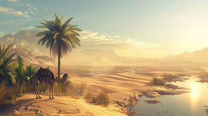 Wall Mural - A vast desert landscape, with rolling dunes and a clear blue sky, a lone camel standing near an oasis with palm trees. Background features distant mountains and a shimmering mirage. Warm, golden light