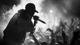 The blurry background of a rap concert reveals a sea of bodies writhing to the beat as the artist on stage dominates the foreground with their raw unbridled passion and commanding .