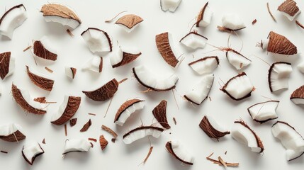 Wall Mural - Coconut pieces separated on a white backdrop